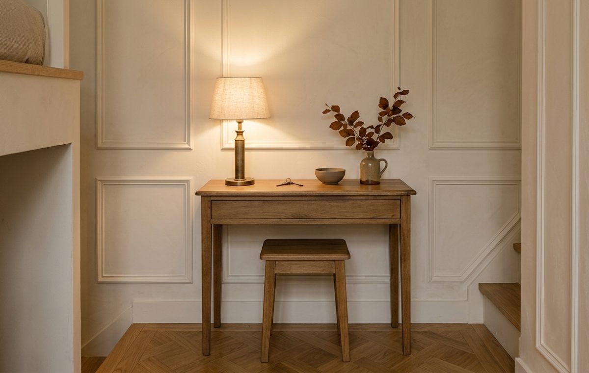 A shallow wooden hallway console desk with matching tucked stool against paneled cream walls.