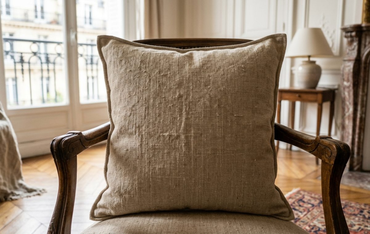 A rustic linen accent pillow resting on an antique wooden armchair in a bright living room.
