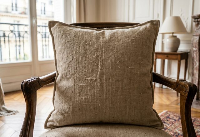 A rustic linen accent pillow resting on an antique wooden armchair in a bright living room.