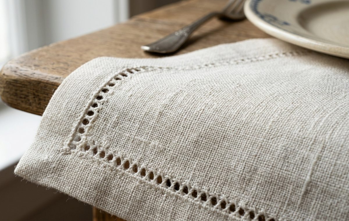 Close up of a textured linen tablecloth with hemstitch detail resting on a rustic wooden table.