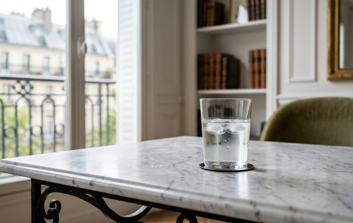 A sleek marble top bistro table with a glass of ice water next to a window in a bright room.