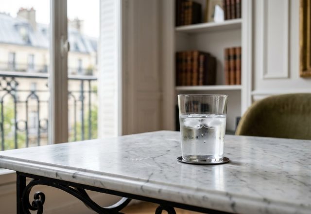 A sleek marble top bistro table with a glass of ice water next to a window in a bright room.