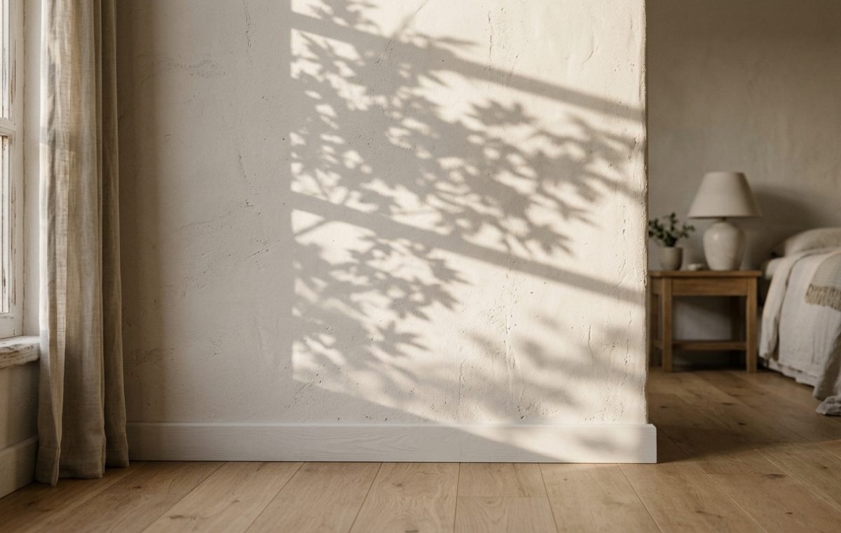 Textured minimalist bedroom wall with natural tree shadow play and wooden flooring