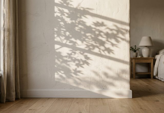 Textured minimalist bedroom wall with natural tree shadow play and wooden flooring