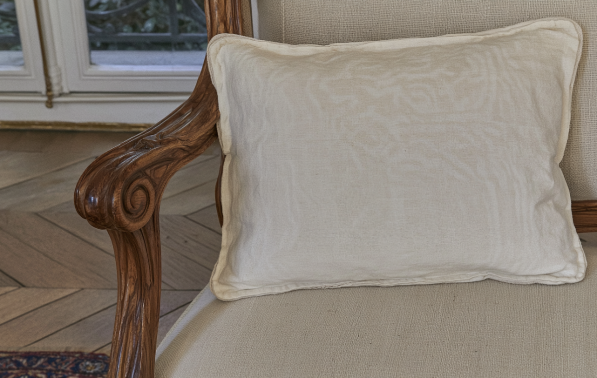 A simple neutral accent pillow placed on a classic wooden armchair in a sunlit room.