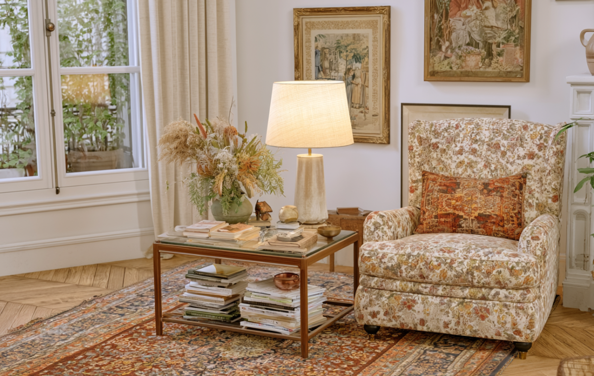 A cozy living room featuring a patterned armchair, glass coffee table, and traditional art.