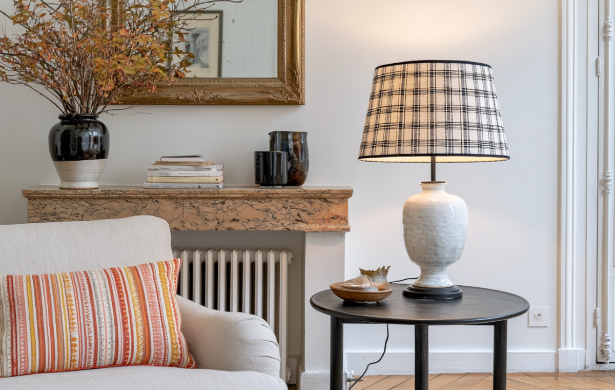 A cozy living room corner featuring a plaid lampshade on a white ceramic table lamp beside a striped throw pillow and marble mantel.