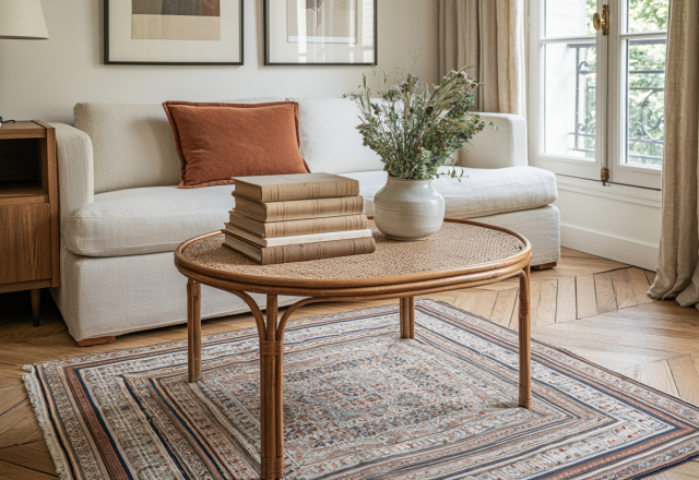 A round rattan coffee table styled with stacked books and a ceramic vase in a neutral living room.