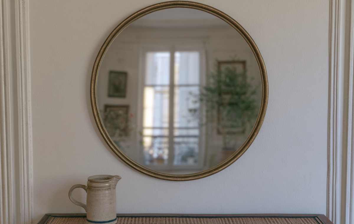 A minimalist round brass mirror hanging above a stoneware pitcher on a textured entryway table.