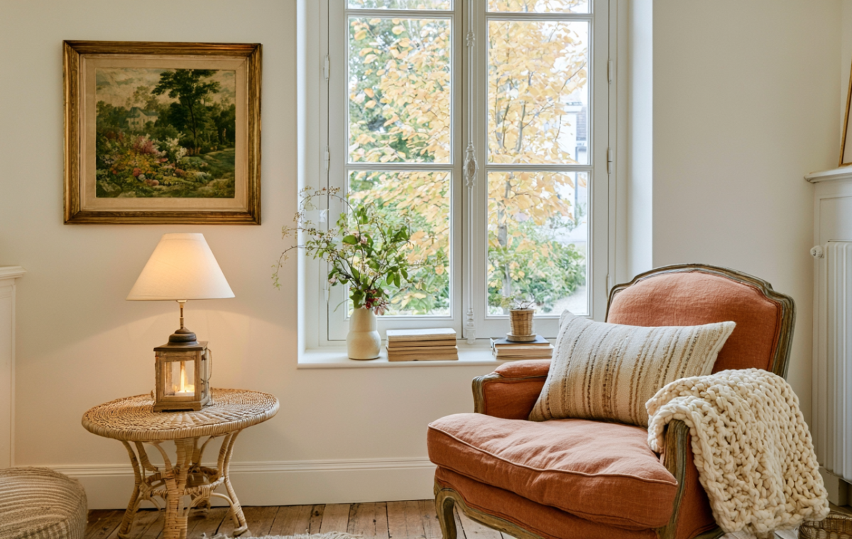 Cozy living room corner featuring a rust armchair, woven side table, and a vintage landscape painting.