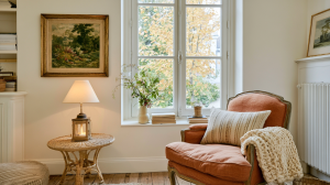 Cozy living room corner featuring a rust armchair, woven side table, and a vintage landscape painting.