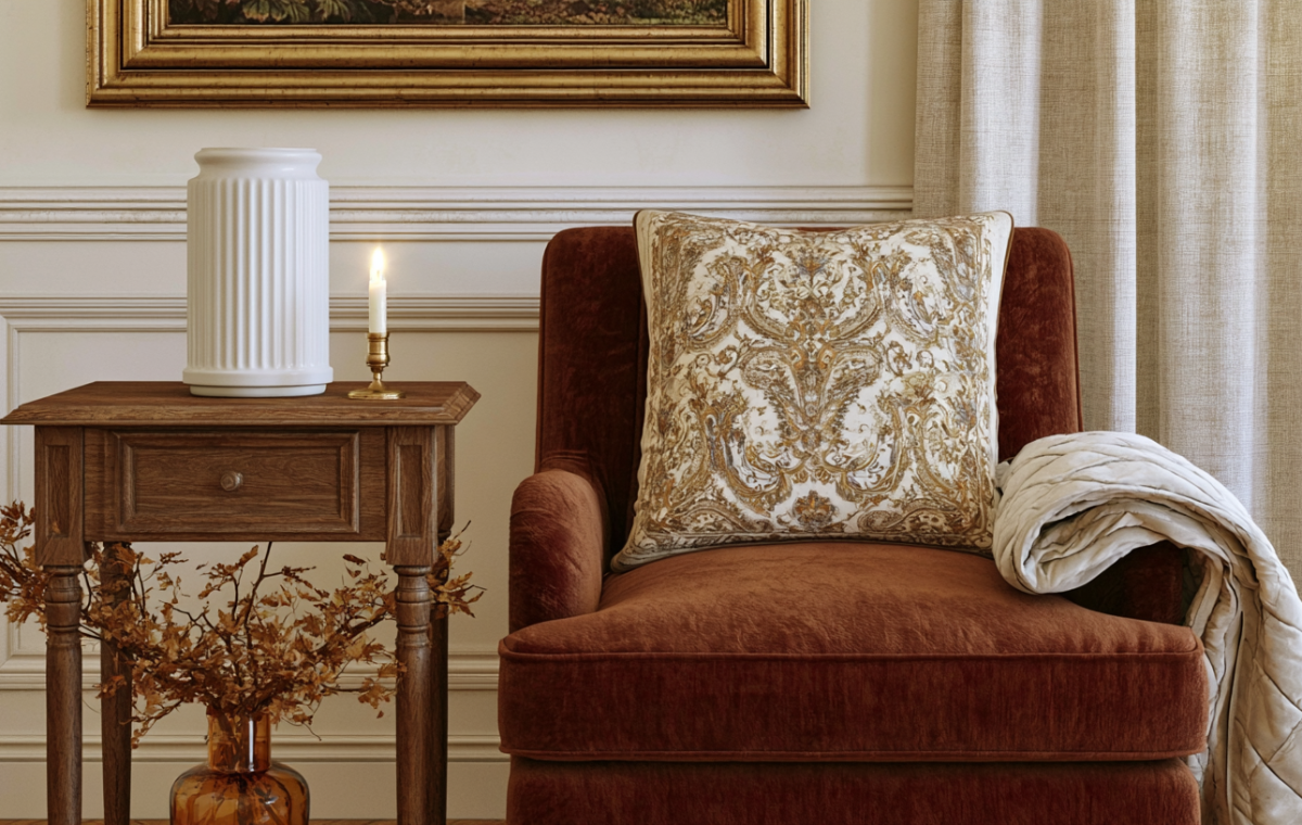 A cozy living room corner featuring a rust colored armchair, patterned pillow, and an antique wood side table with a candle.