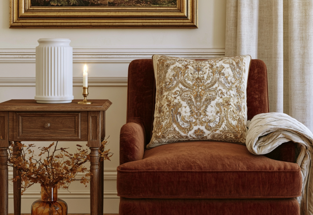 A cozy living room corner featuring a rust colored armchair, patterned pillow, and an antique wood side table with a candle.