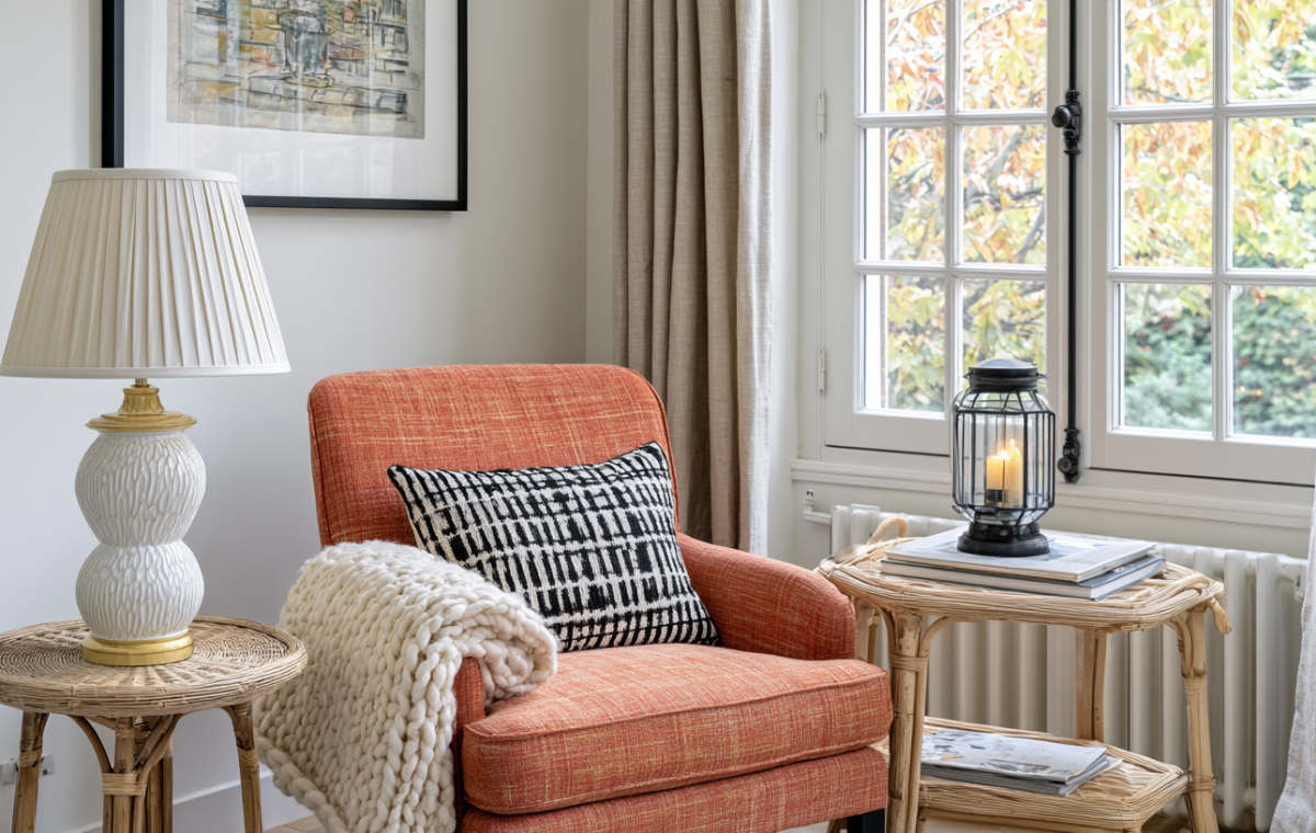 A cozy reading corner featuring a rust colored armchair, white knit blanket, and rattan side tables in a bright living room.