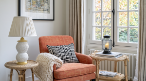 A cozy reading corner featuring a rust colored armchair, white knit blanket, and rattan side tables in a bright living room.