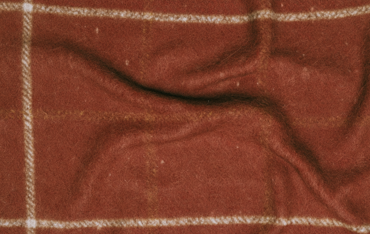 Close up view of a cozy rust plaid wool blanket with soft brushed texture and cream grid lines.