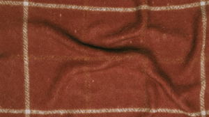 Close up view of a cozy rust plaid wool blanket with soft brushed texture and cream grid lines.