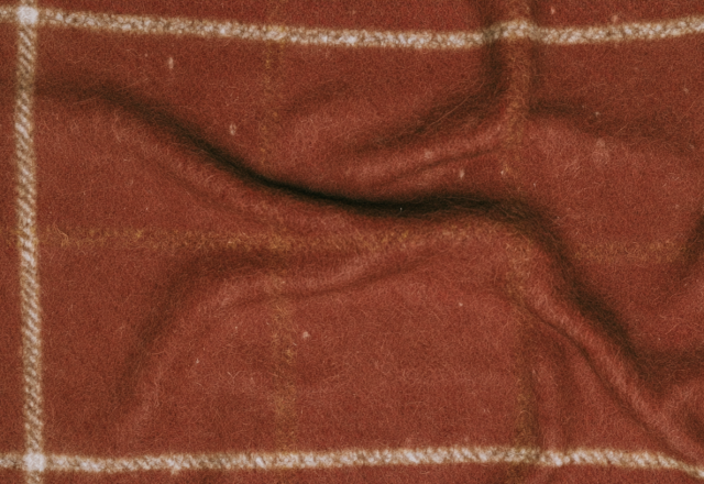 Close up view of a cozy rust plaid wool blanket with soft brushed texture and cream grid lines.
