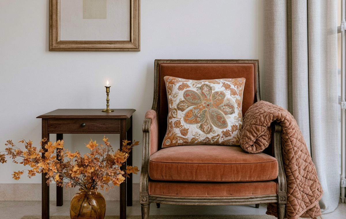 A cozy rust velvet accent chair styled with a patterned pillow and quilted throw blanket in a warm living room.