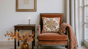 A cozy rust velvet accent chair styled with a patterned pillow and quilted throw blanket in a warm living room.