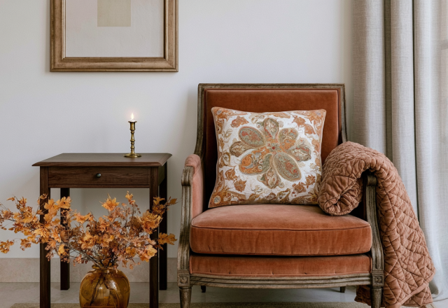 A cozy rust velvet accent chair styled with a patterned pillow and quilted throw blanket in a warm living room.