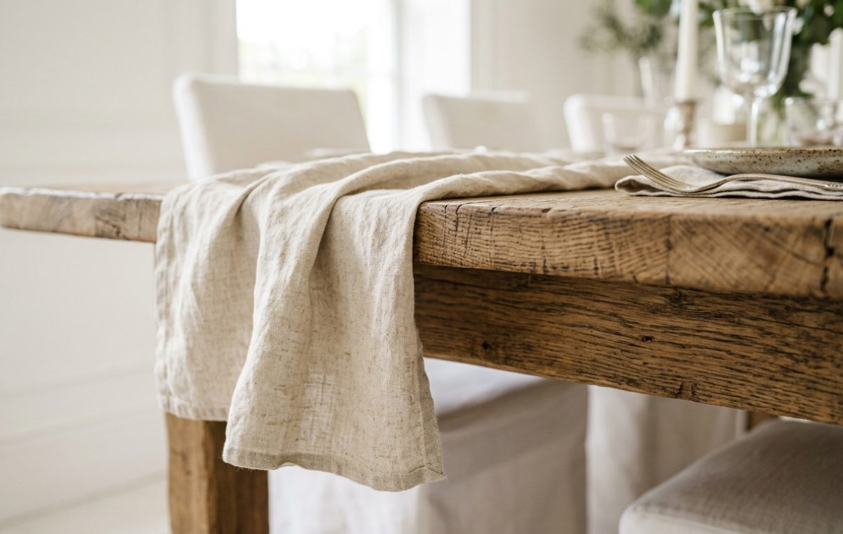 Close-up of a rustic dining table styled with a neutral linen runner and ceramic plates.