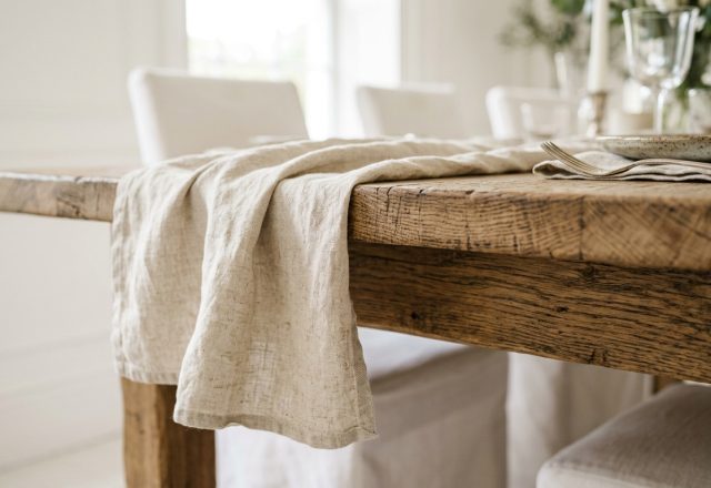 Close-up of a rustic dining table styled with a neutral linen runner and ceramic plates.