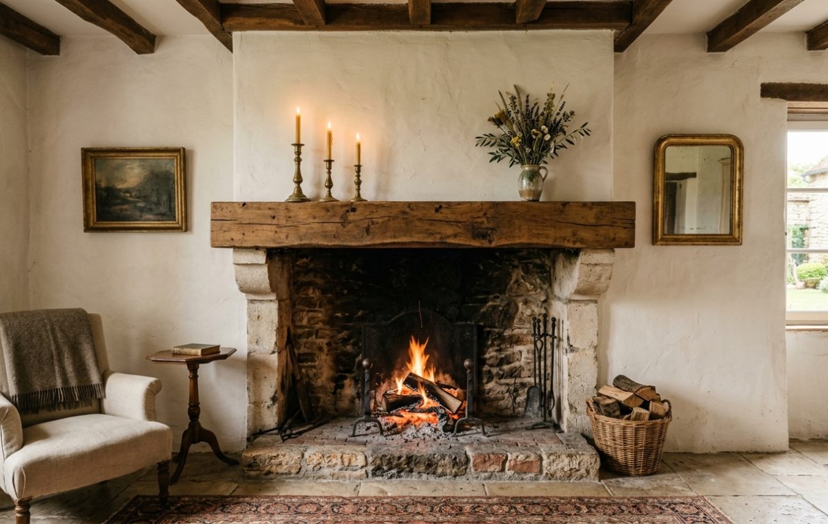 Rustic fireplace mantel with stone surround and wooden beam in a cozy living room