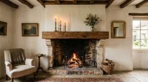 Rustic fireplace mantel with stone surround and wooden beam in a cozy living room