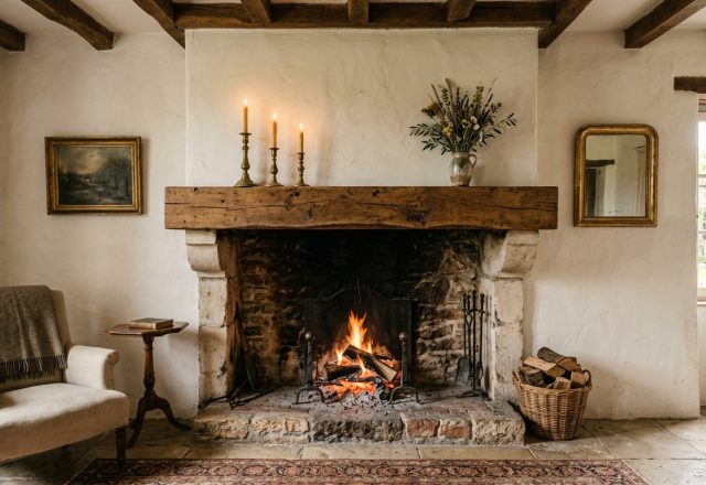 Rustic fireplace mantel with stone surround and wooden beam in a cozy living room