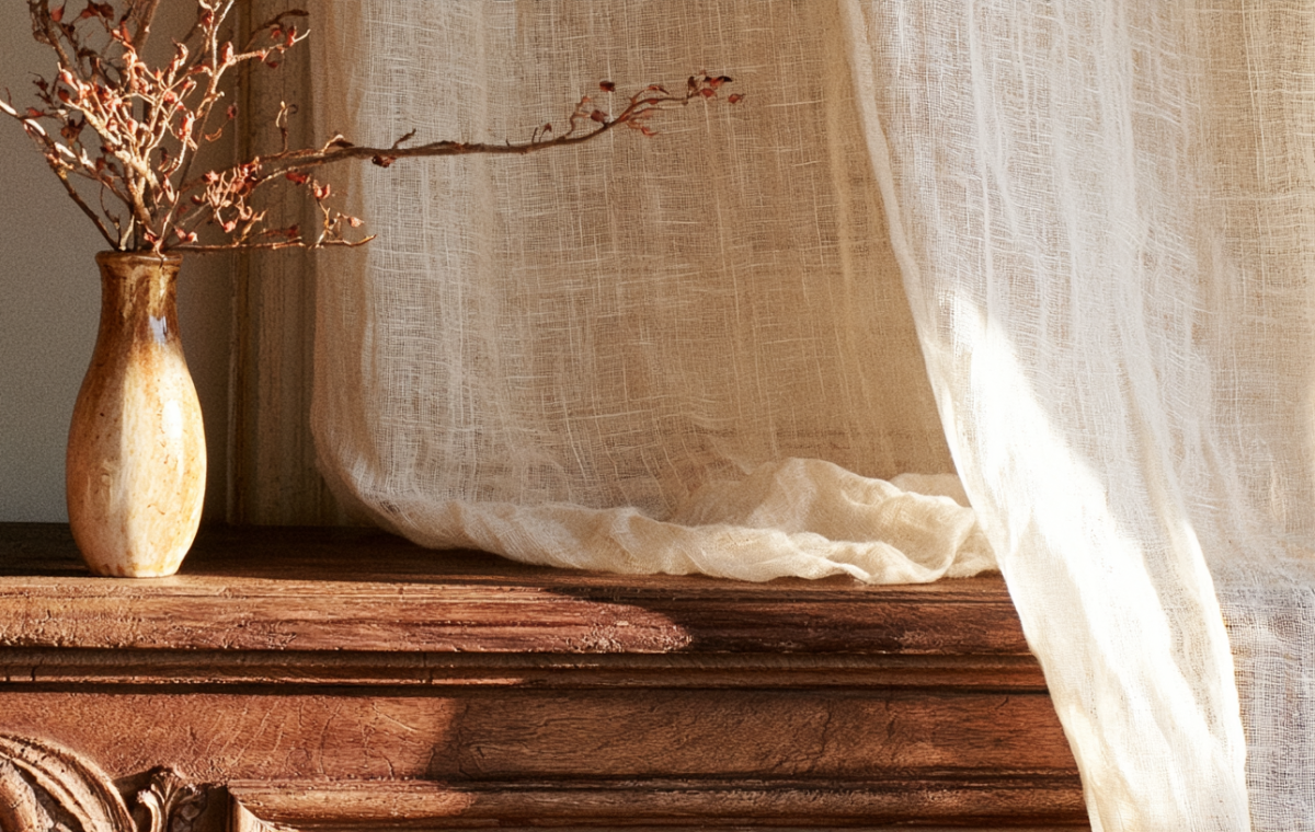 A rustic wooden mantelpiece styled with a ceramic vase of dried branches and a translucent linen curtain.