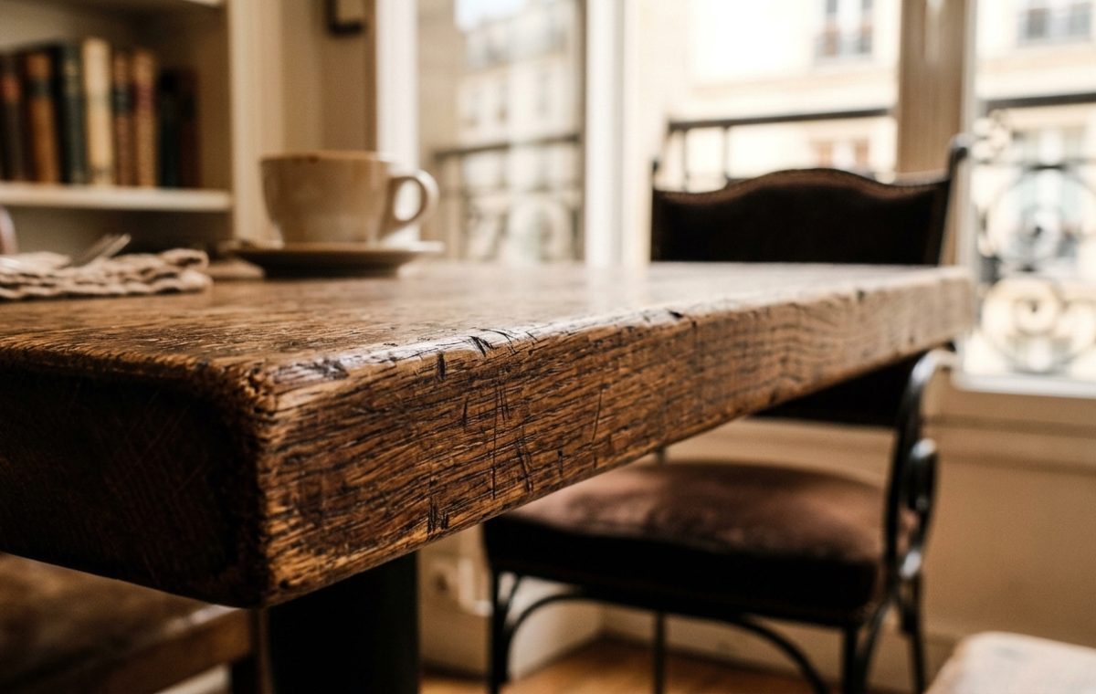 Close-up of a rustic wooden table with a coffee cup and vintage chairs in a sunlit room.