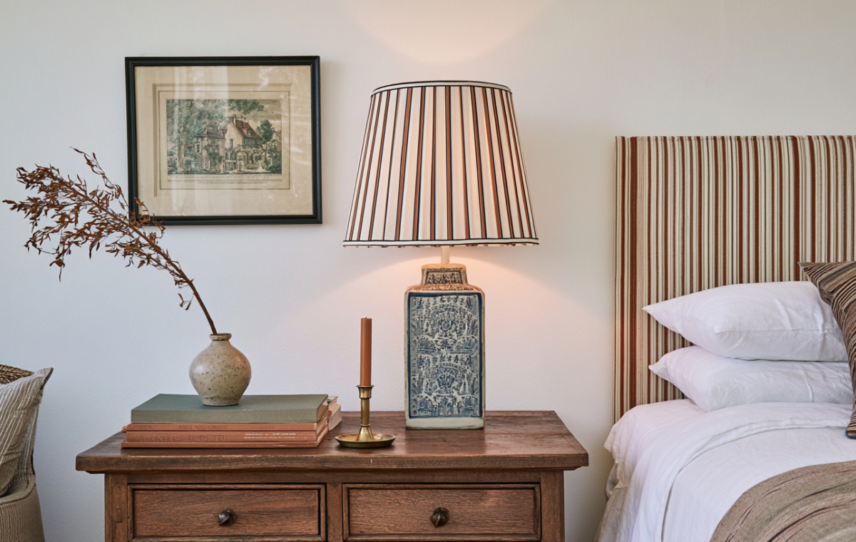 A cozy striped headboard bedroom featuring a rustic wooden nightstand, blue ceramic lamp with a striped shade, and vintage framed art.
