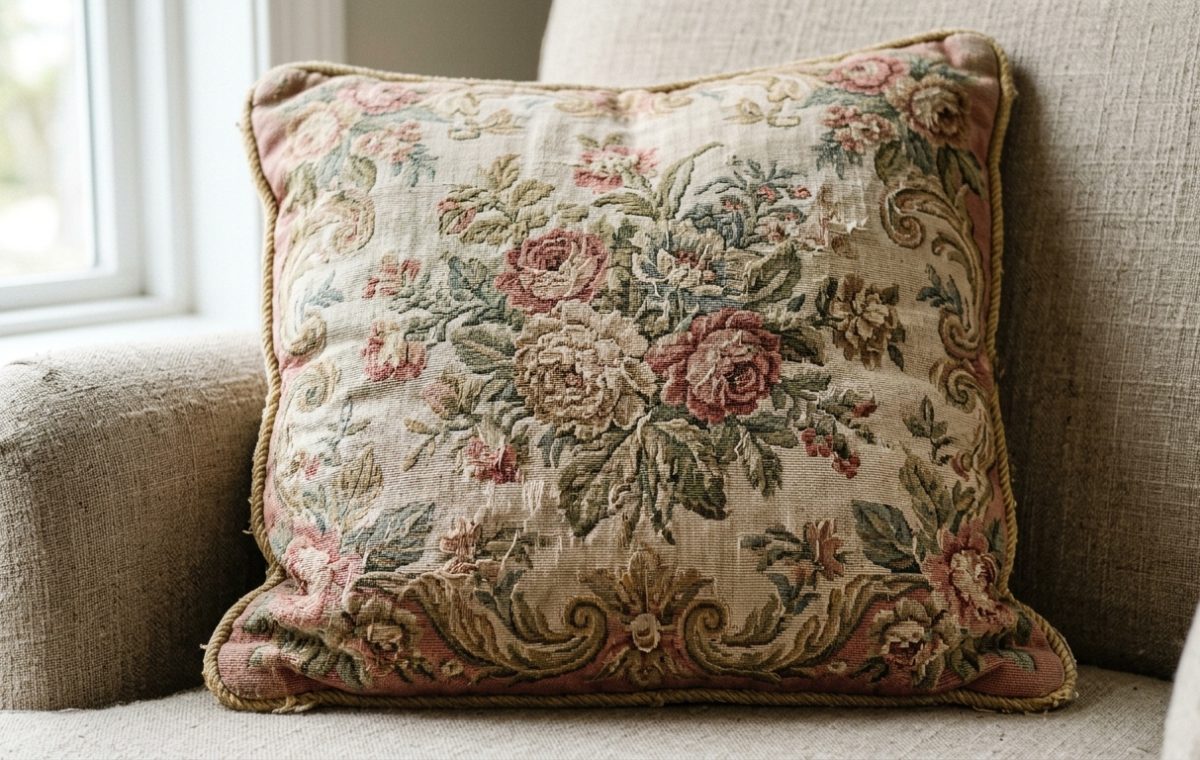 A vintage floral tapisserie pillow resting on a neutral armchair in a sunlit living room.