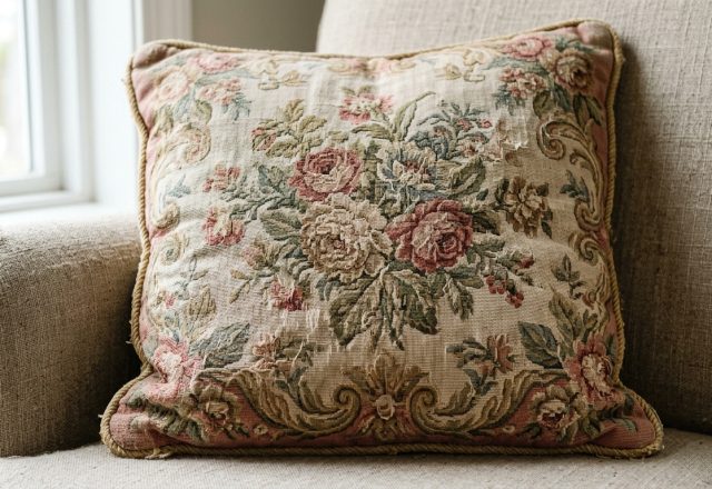 A vintage floral tapisserie pillow resting on a neutral armchair in a sunlit living room.