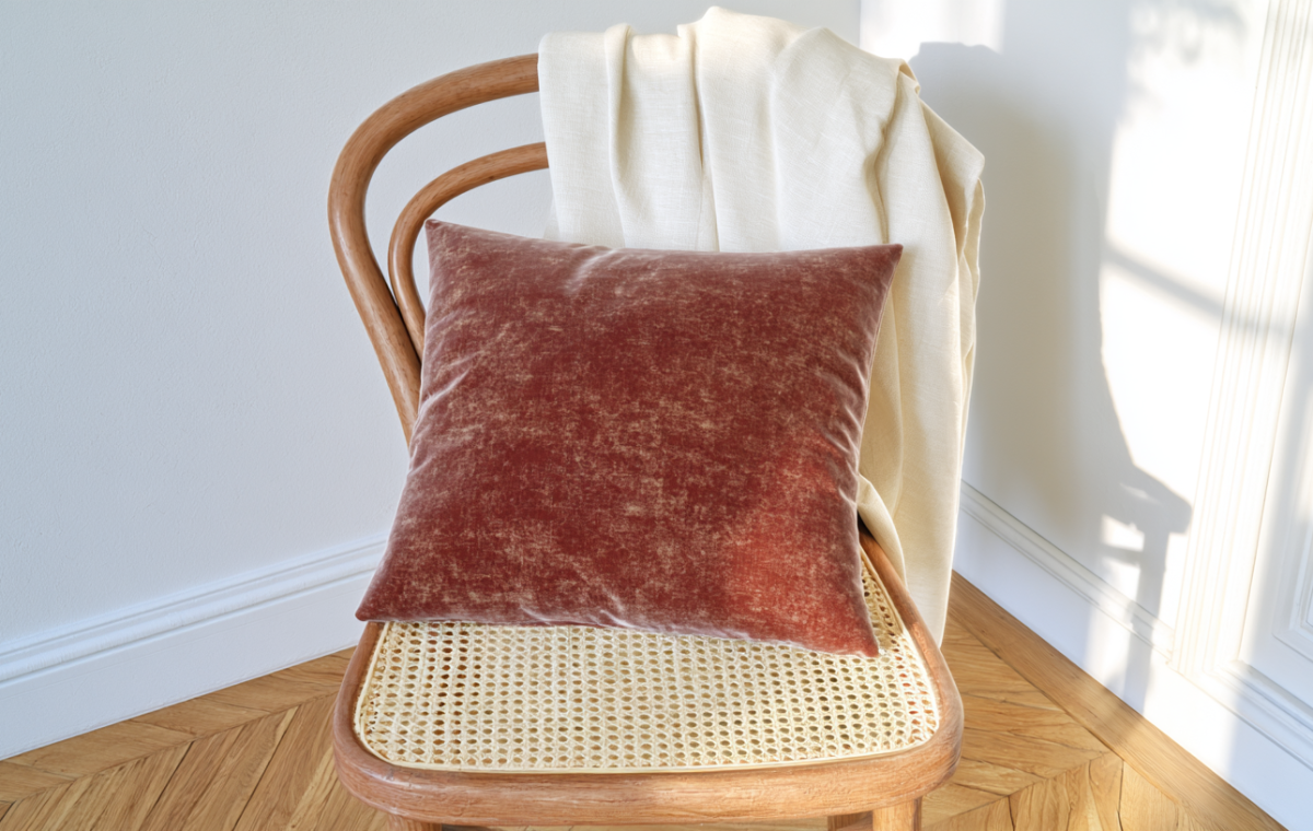 A terracotta velvet accent pillow and cream throw blanket resting on a wooden cane chair in a sunlit room.