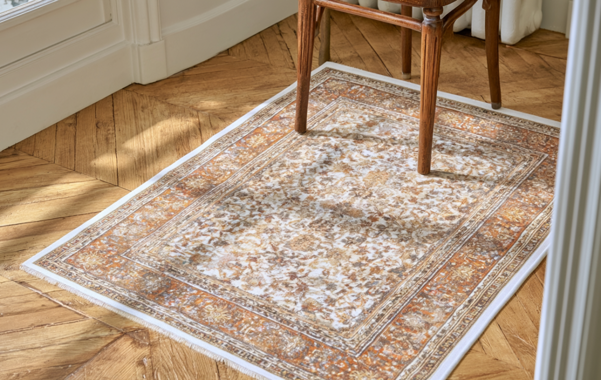 A distressed vintage area rug with rust and cream patterns resting on classic herringbone wood floors.