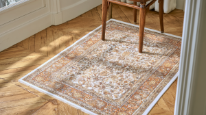 A distressed vintage area rug with rust and cream patterns resting on classic herringbone wood floors.