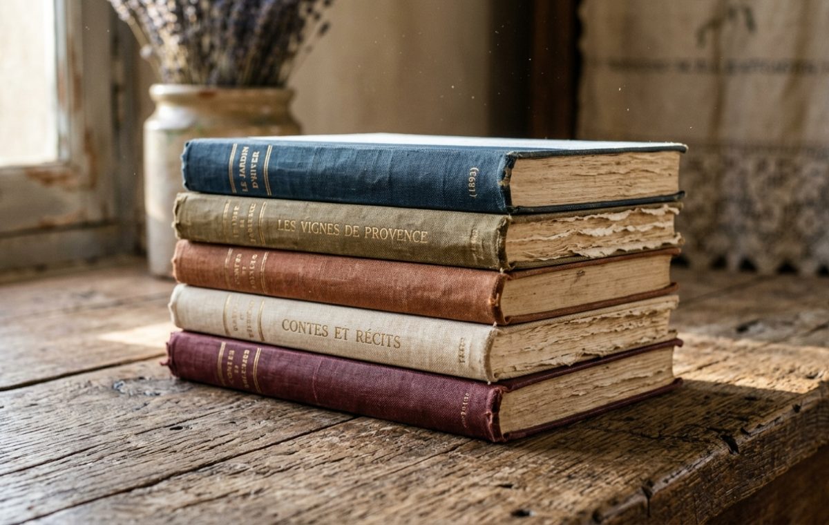 A vintage book stack with aged paper and colored cloth spines resting on a rustic wooden table.