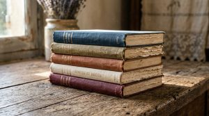 A vintage book stack with aged paper and colored cloth spines resting on a rustic wooden table.