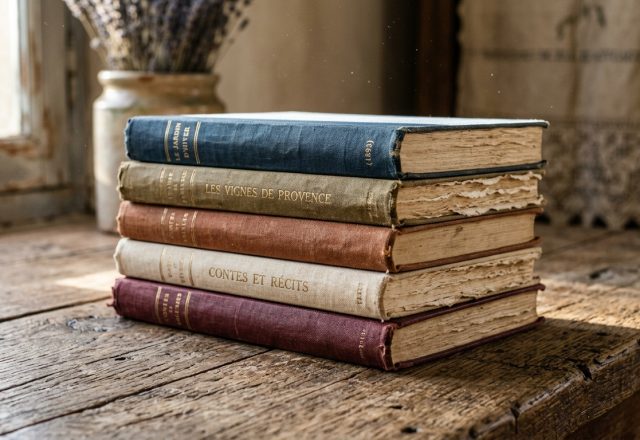 A vintage book stack with aged paper and colored cloth spines resting on a rustic wooden table.