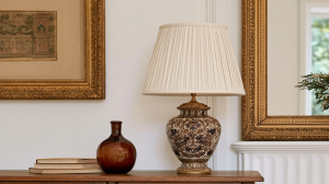 A vintage ceramic lamp with a pleated shade and an amber glass vase on a wooden table.