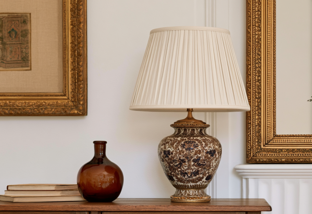 A vintage ceramic lamp with a pleated shade and an amber glass vase on a wooden table.