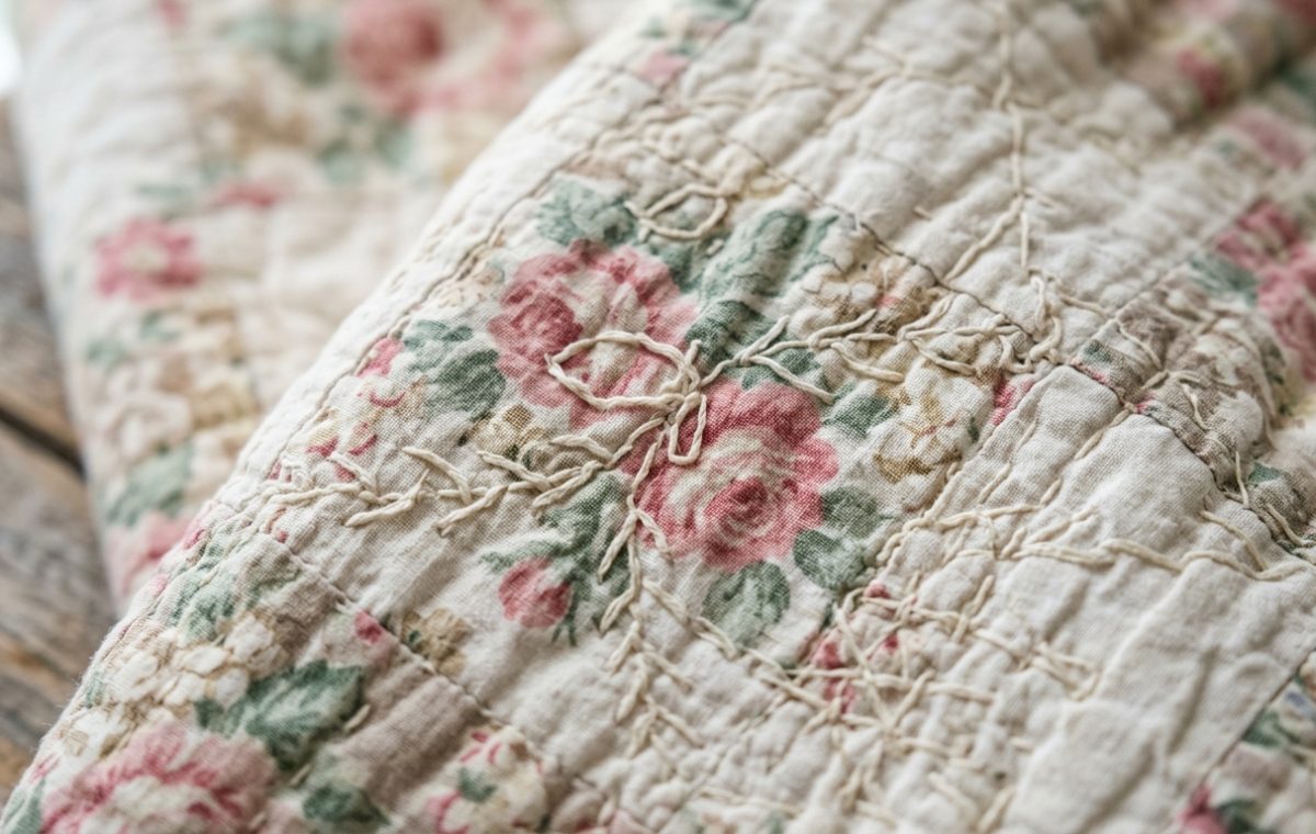 Close-up of a vintage floral quilt with hand-stitched details resting on a rustic surface.