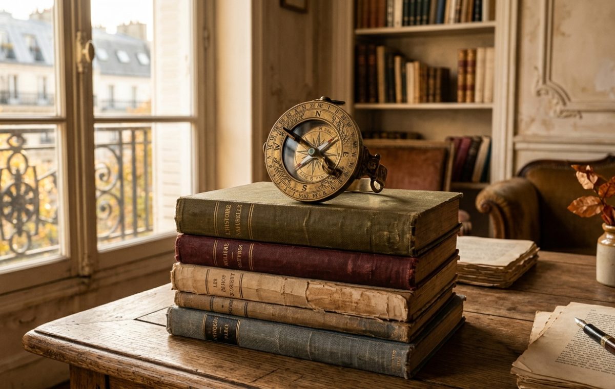 Vintage home library desk featuring a brass compass, classic leather bound books, and a fountain pen.