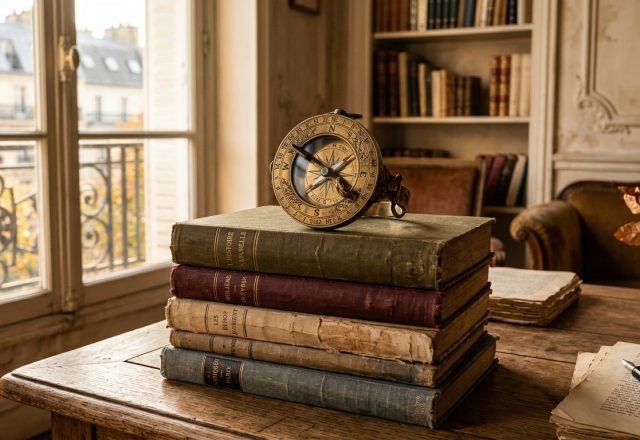Vintage home library desk featuring a brass compass, classic leather bound books, and a fountain pen.