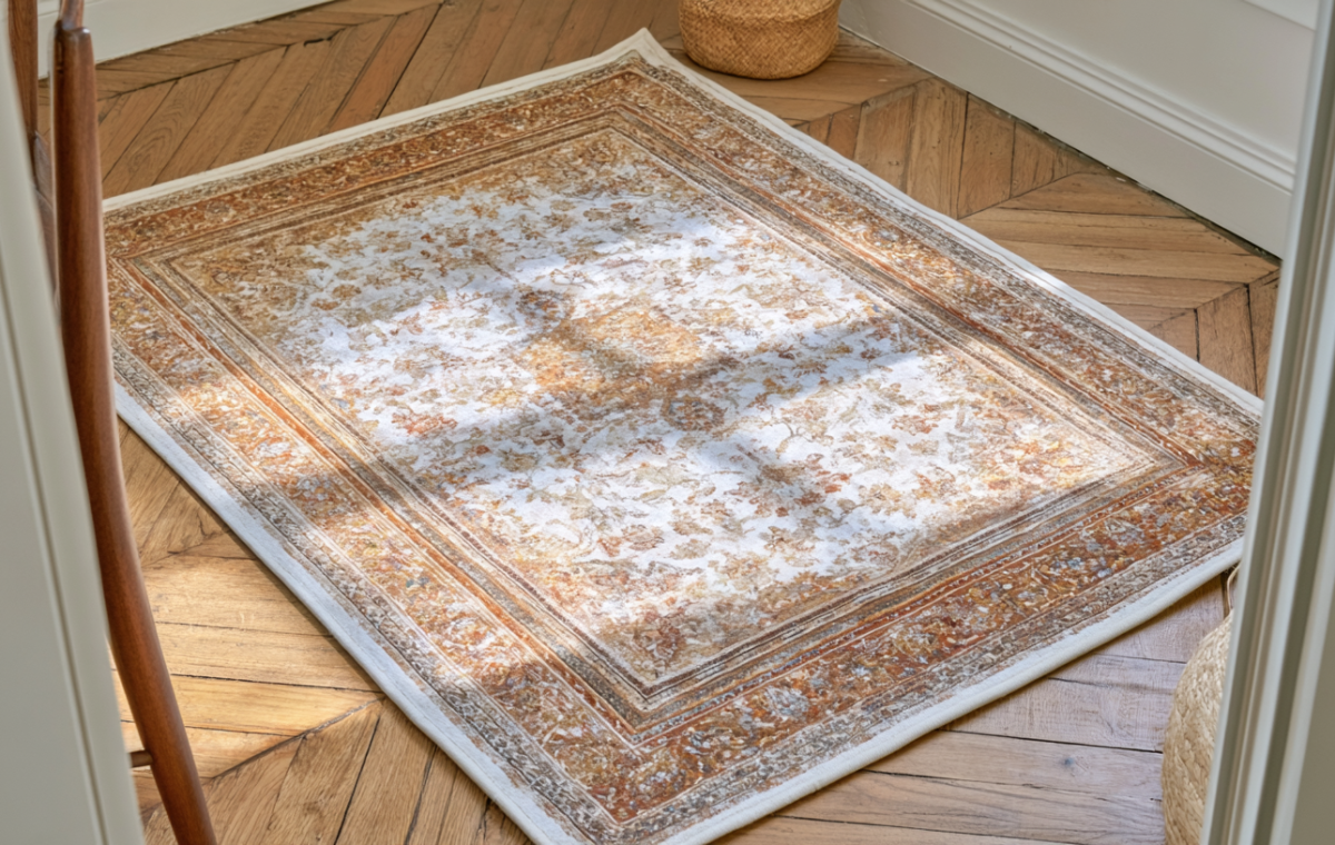 A vintage style area rug placed on herringbone hardwood floors next to white baseboards.