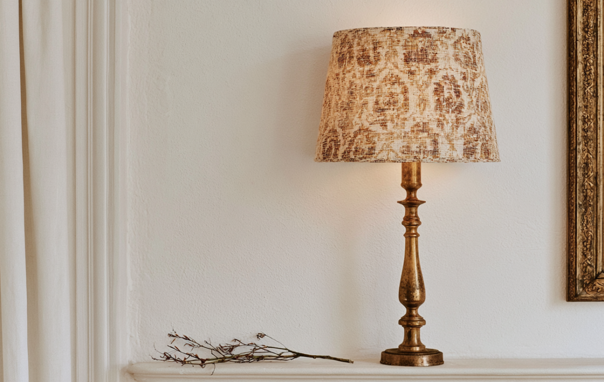 Vintage brass table lamp with patterned shade sitting on a console table next to a mirror