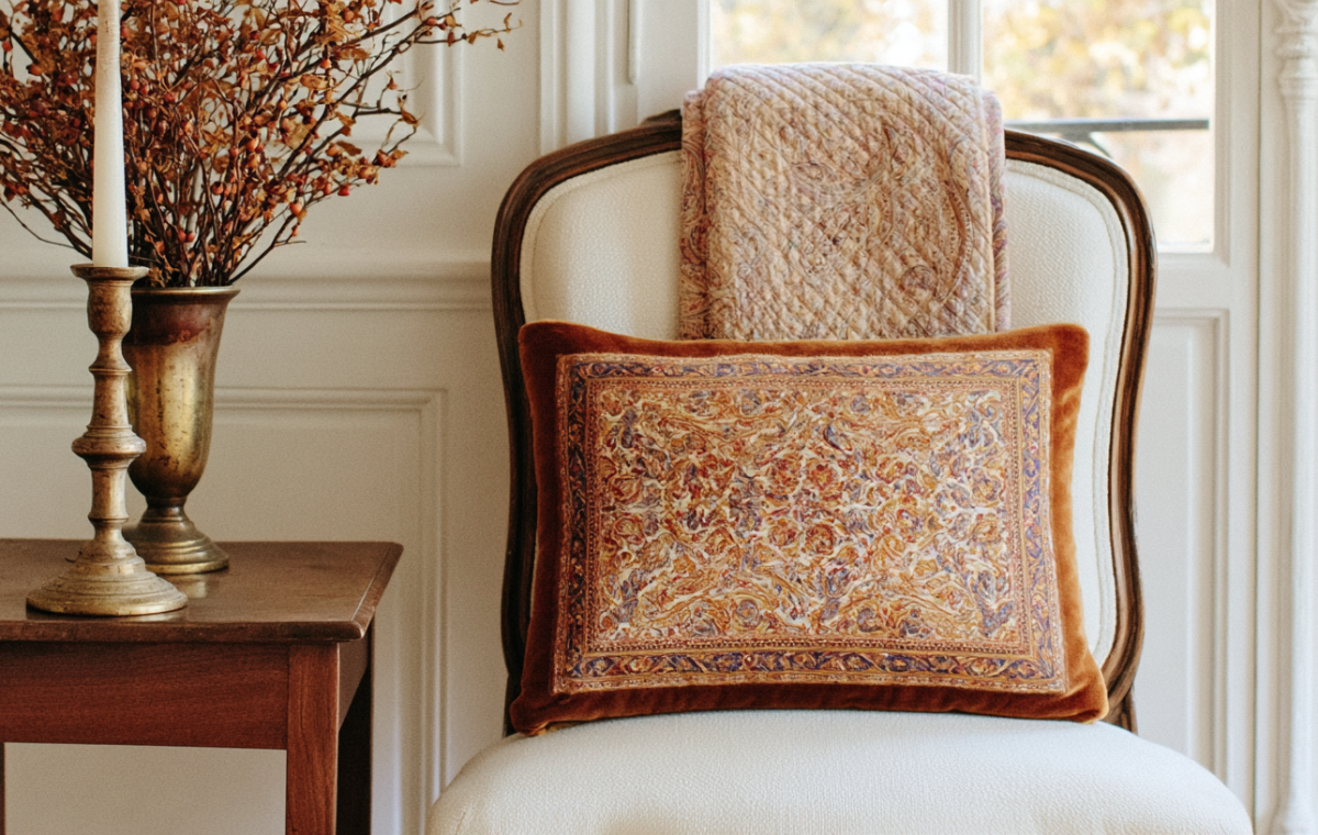 A vintage velvet pillow with intricate patterned fabric resting on a white upholstered antique chair next to a brass candleholder on a wood side table.