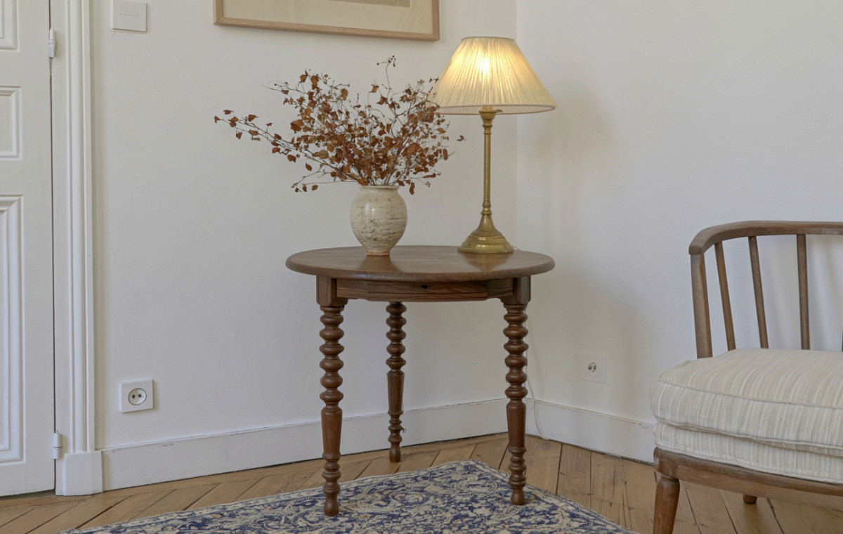 Vintage wooden accent table with a brass lamp and dried florals in a bright room.